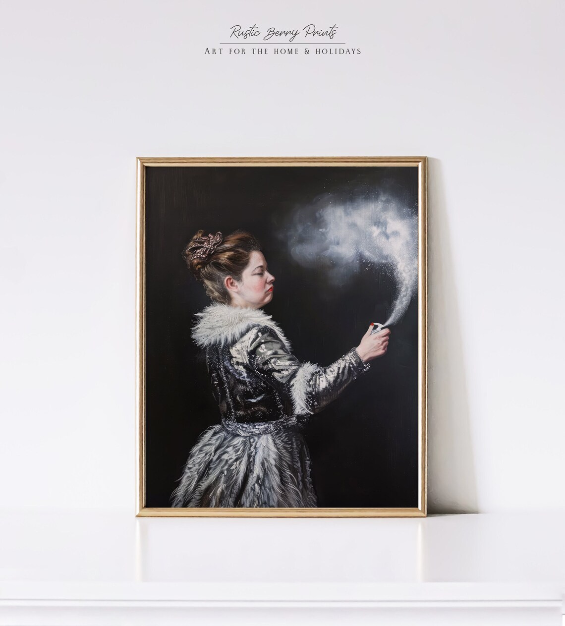 Regal Woman Spraying Mist From Small Bottle Dark Funny Humor Poster
