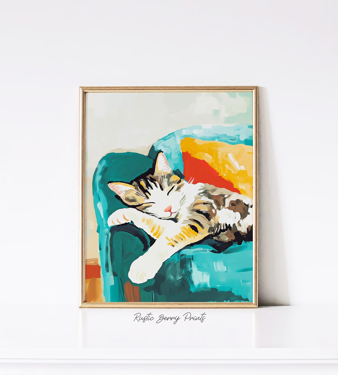Sleeping Tabby Cat on Teal Armchair Colorful Modern Painting Art Print Poster - Image 2