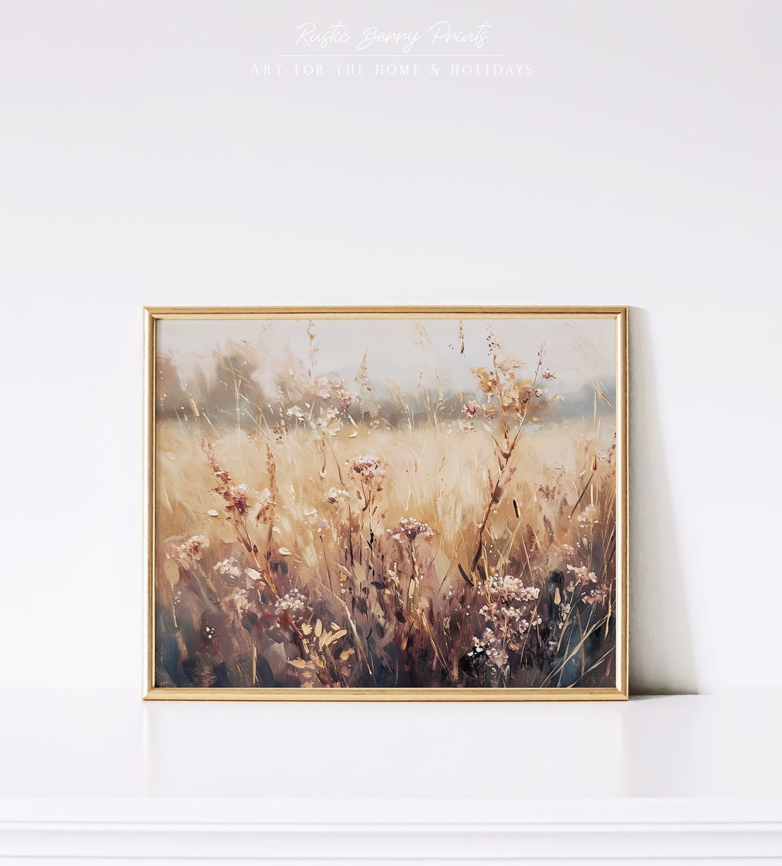 Warm Beige Wildflower Grass Field Golden Hour Rustic Art Poster