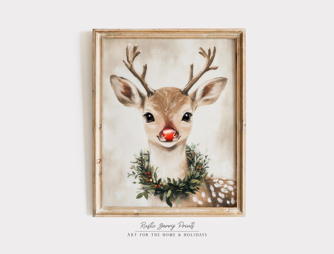 Cute Red Nose Reindeer Holly Wreath Spotted Fawn Christmas Art Poster