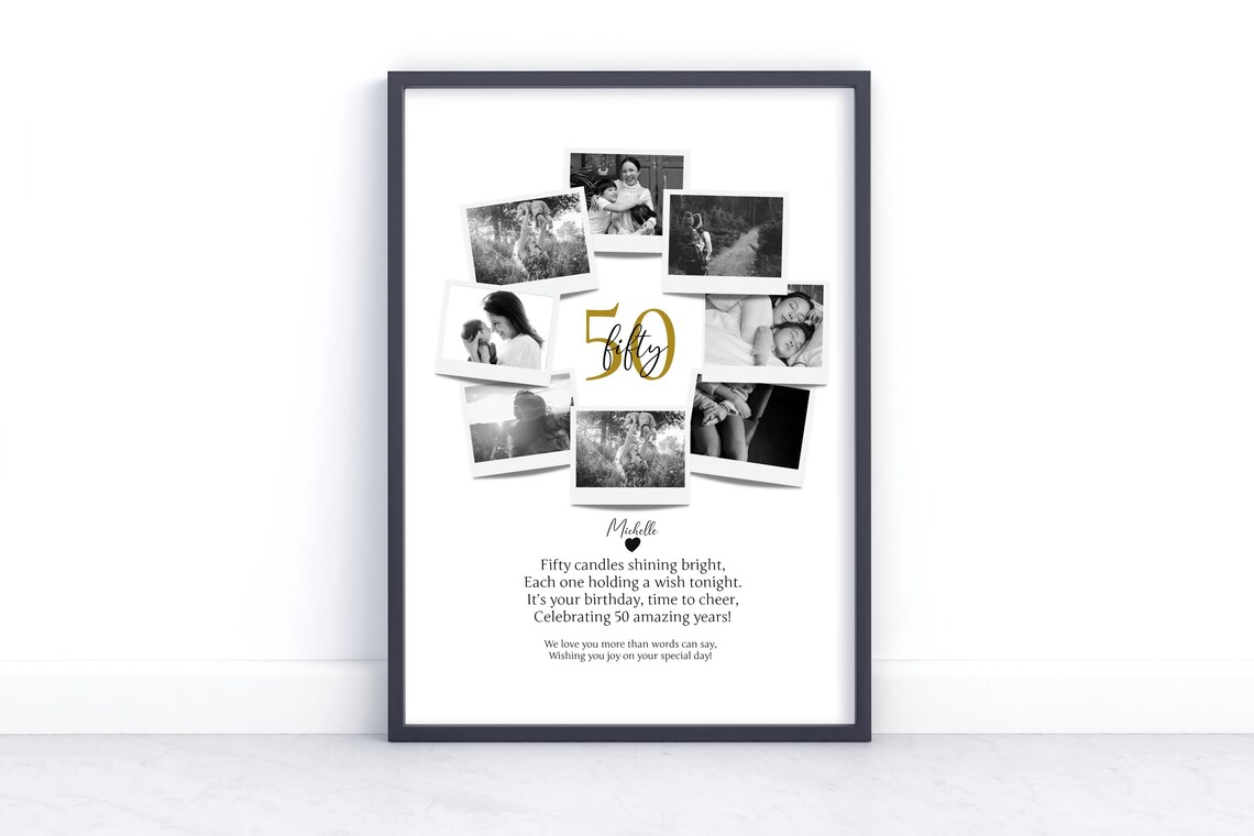 50th Birthday Photo Collage Poster with Golden Fifty Number Gift