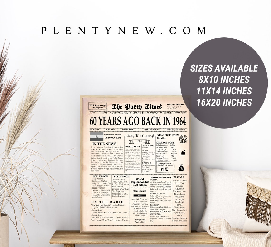 Back in 1964 India 60th Birthday Newspaper Front Page Gift Poster