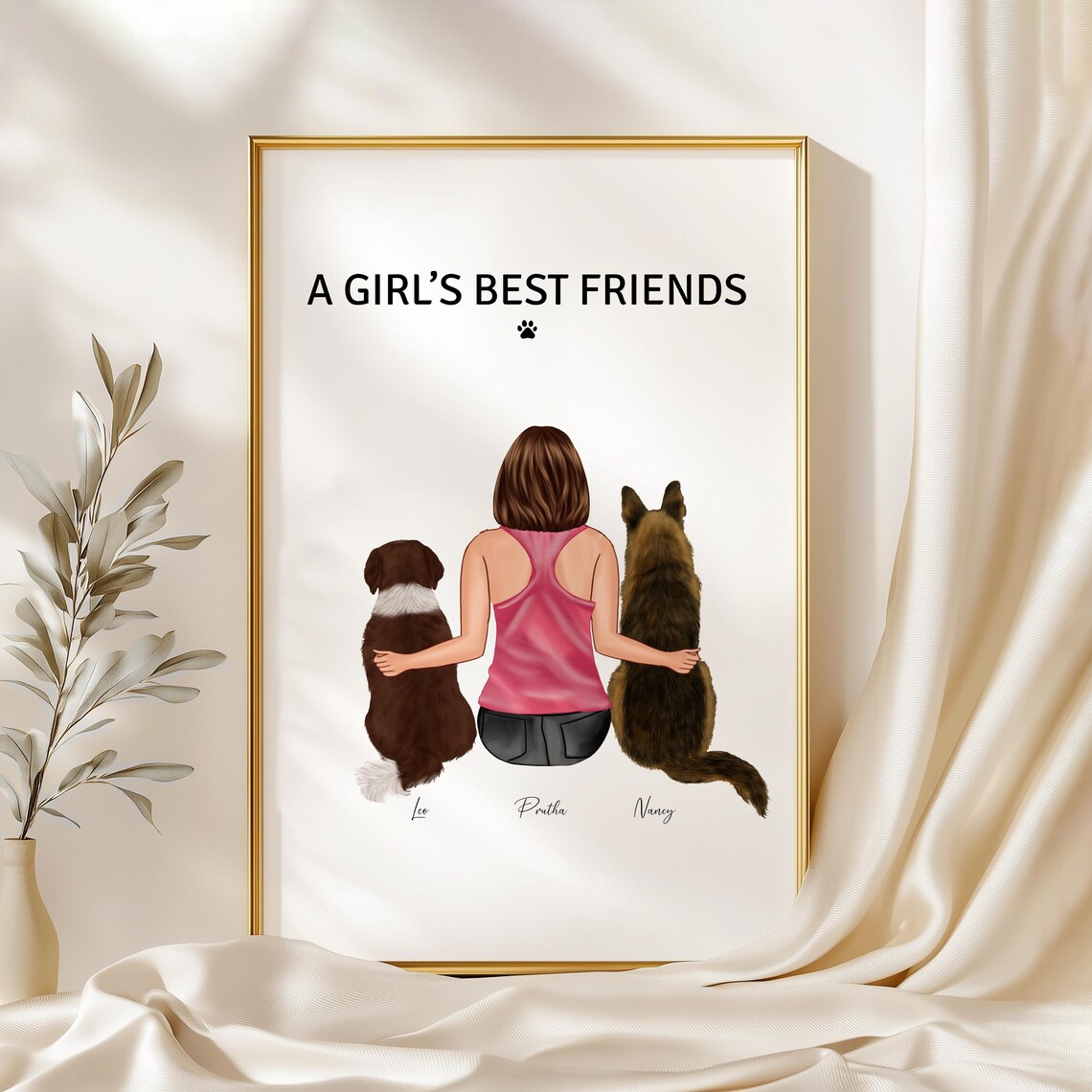 A Girl's Best Friends Print Girl with Two Dogs Illustration Gift