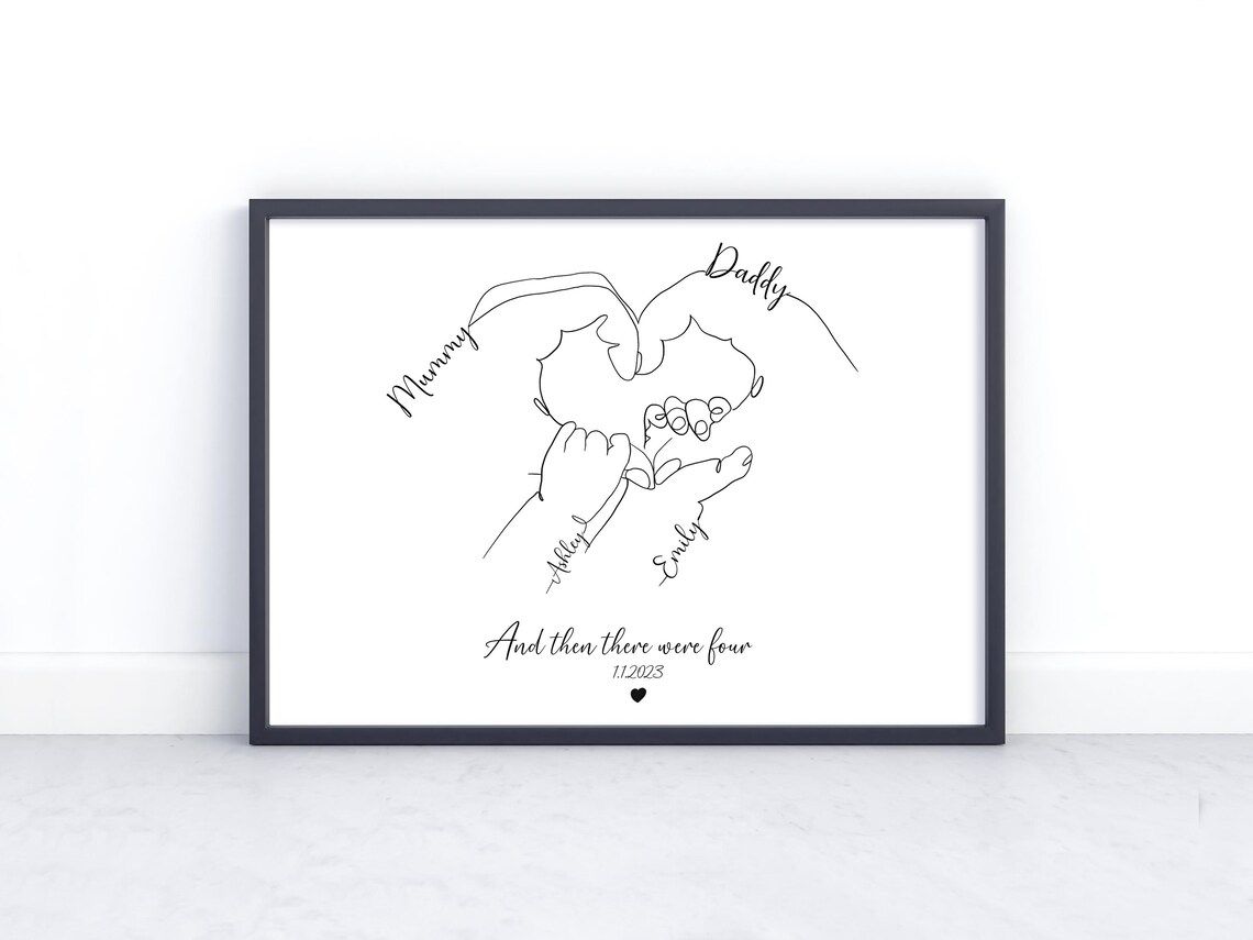 Family Of Four Line Art Hands Personalised New Baby Art Print