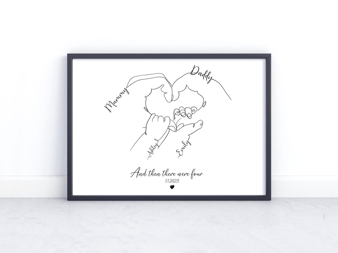Personalised New Baby Gift Second Newborn Print Mum Family Of Four Art New Family Minimalist Line Art Two Children Mothers Day Gift