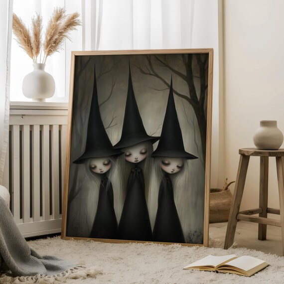 Three Whimsical Witch Portraitmystical Printblack Wall Artmystical Printkids Arthorror Witchy