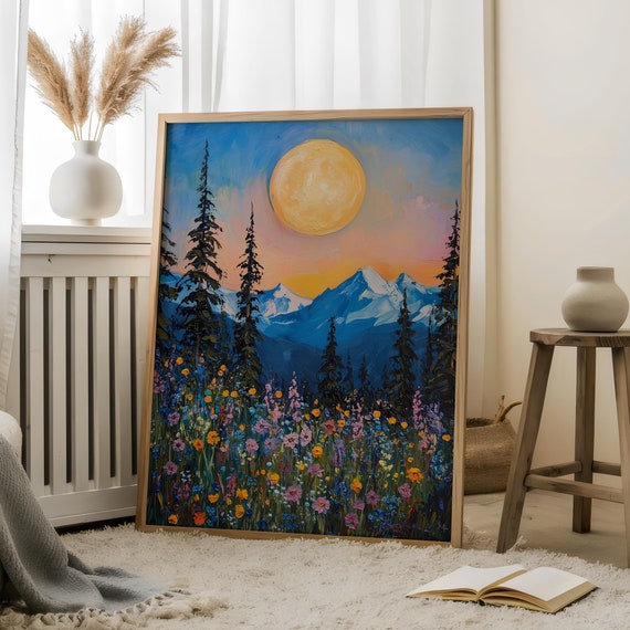 Oil Paint Moon Art With Wildflowers Celestial Printgloomy Moody Artnight Artimpasto Style Moonboho Printscelestial Prints