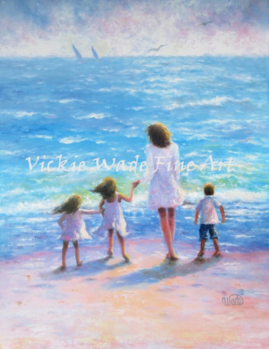 Mother With Three Children Walking Into the Ocean Waves Poster