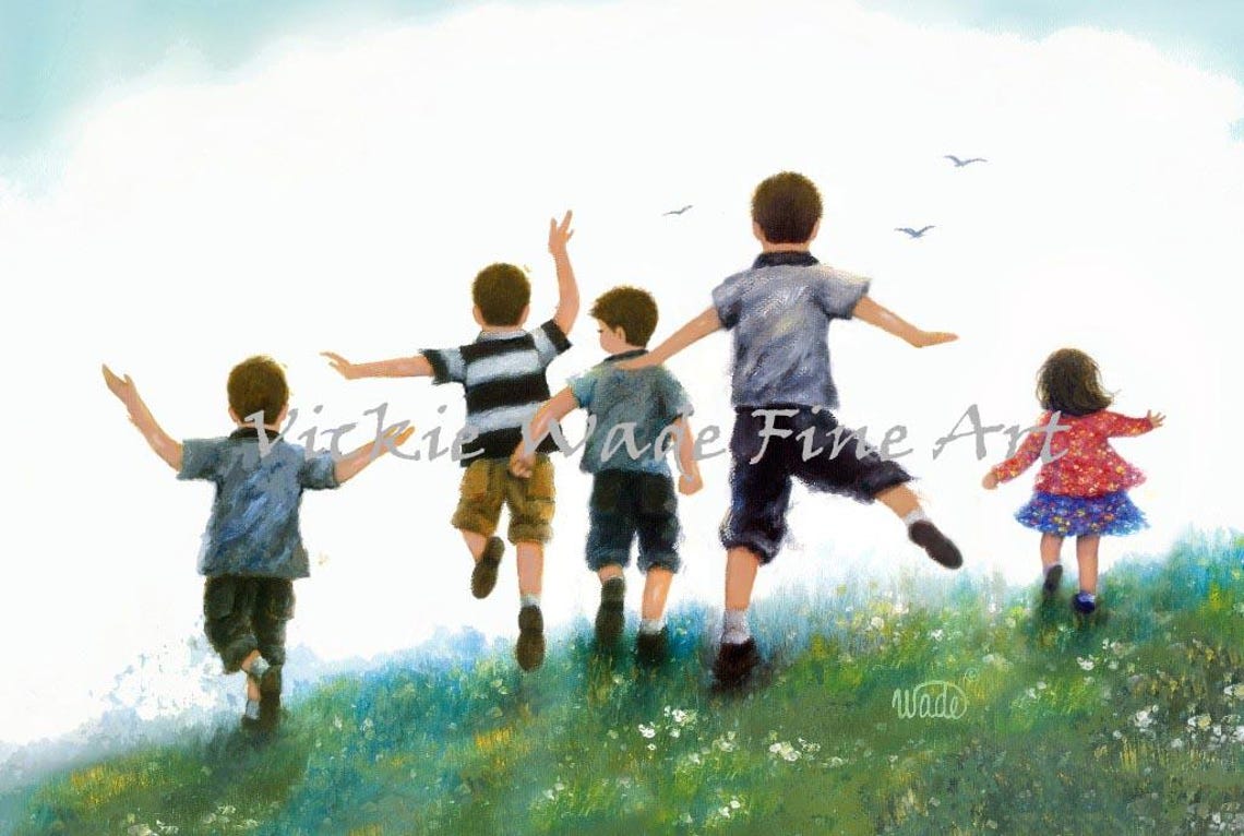 Five Children Running Down a Grassy Summer Hill Together Poster