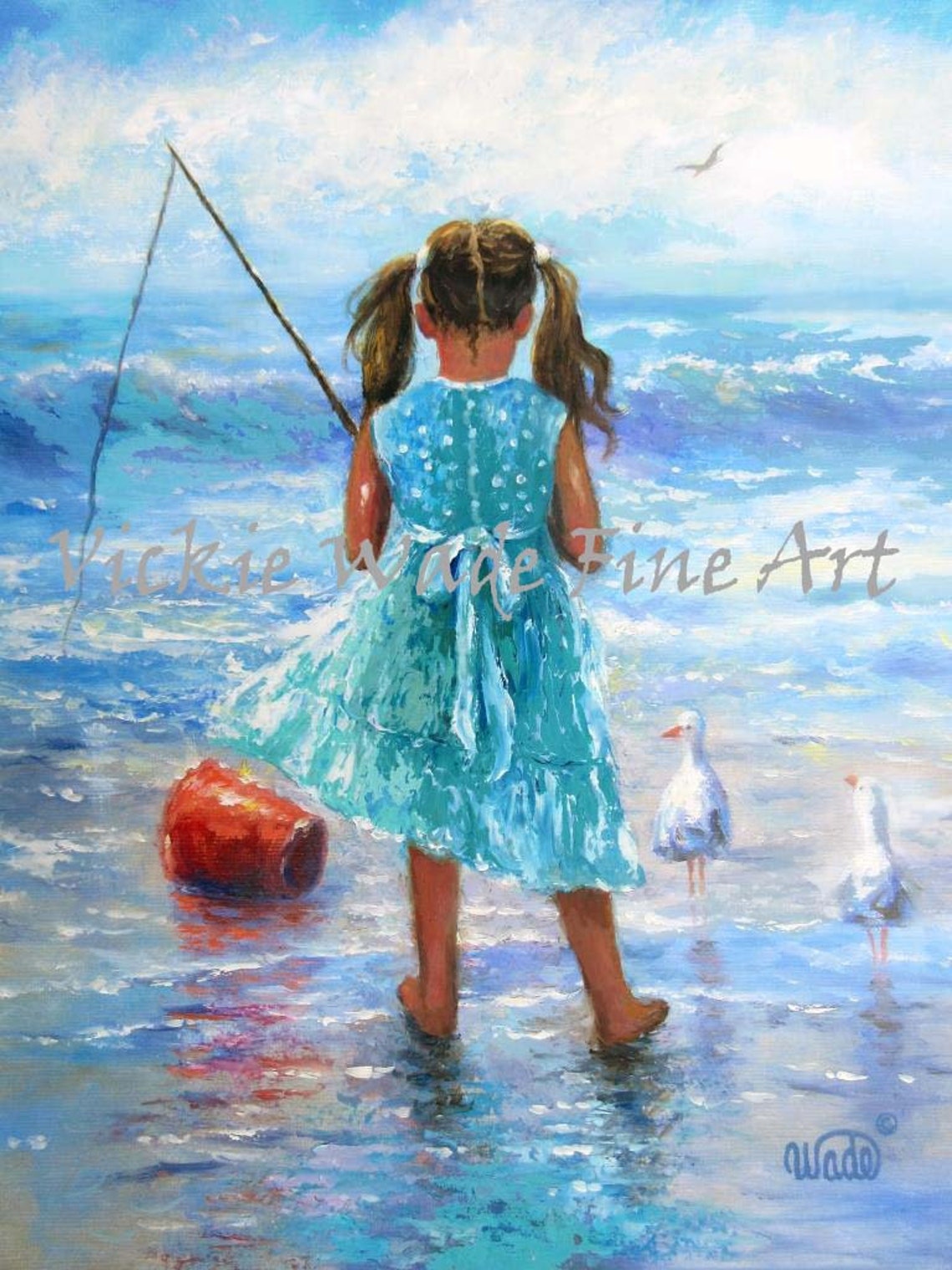 Little Beach Girl Fishing Art Print Fishing Little Girl Fishing Fishing Painting Ocean Fishing Beach Wall Art Vickie Wade Art