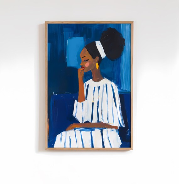 Royal Blue Abstract People Art Print Contemporary Modern Wall Decor Acrylic Stripe Woman Poster Colorful Interior