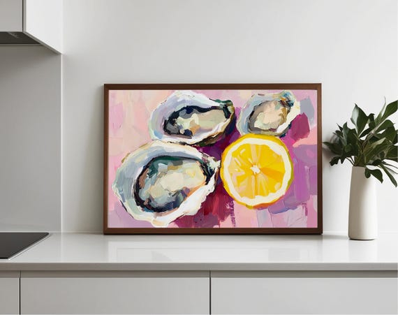Oysters And Lemon Still Life Art Print Pink Kitchen Wall Decor Mediterranean Food Poster Bar Dining Room Acrylic Painting