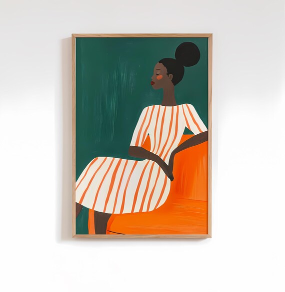 Green Orange Abstract Wall Art Colorful Stripe Woman Print Large Poster Modern Portrait Interior Decor