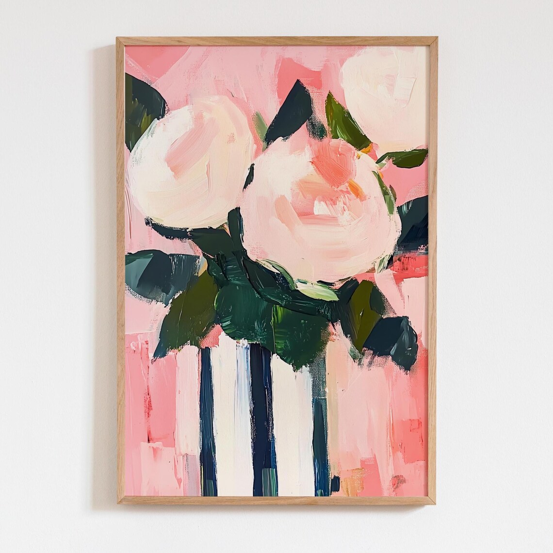 Abstract White Roses Pink Striped Background Floral Art Poster