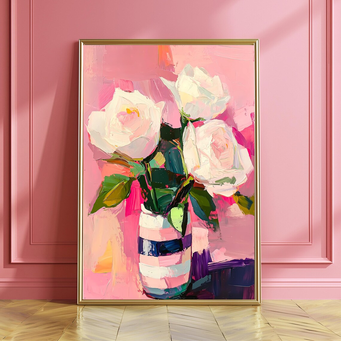 White Roses Impasto Oil Painting Striped Vase Pink Floral Art Poster
