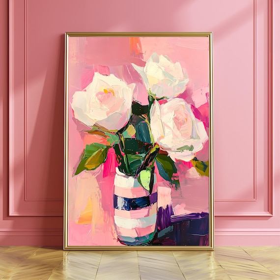 White Roses Pink Wall Art Abstract Floral Oil Painting Print Bold Brushstroke Flower Impasto Style Gift For Her