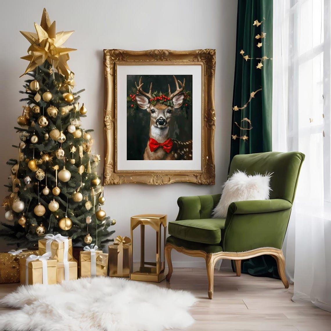Stag With Berry Crown and Red Bow Tie Rustic Christmas Poster