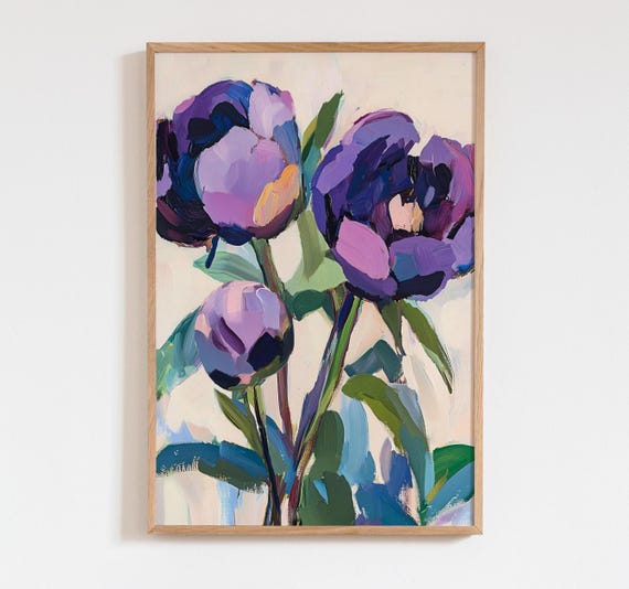 Purple Peonies Oil Painting Print, Bold Floral Decor