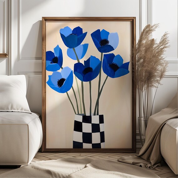 Blue Anemone Floral Art Print Gouache Painting Checkered Vase Minimal Wall Bold Color Botanical Modern Decor