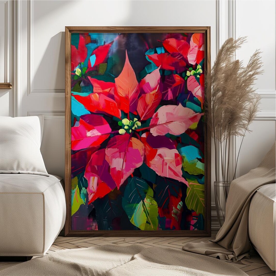 Bold Red Poinsettia Blossoms on Dark Modern Christmas Poster