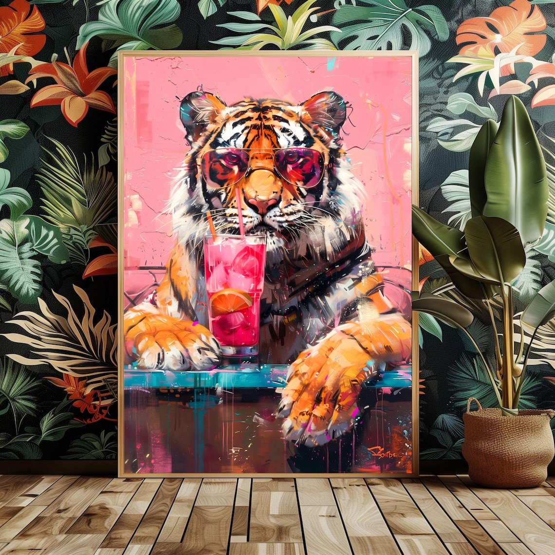 Maximalist Tiger Bar Scene Art Print, Eclectic Decor
