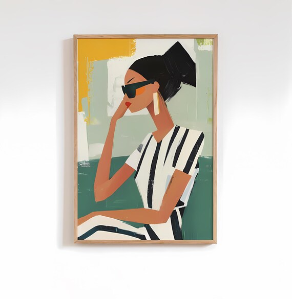 Fashion Woman Sunglasses Striped Shirt Modern Stylized Art Poster