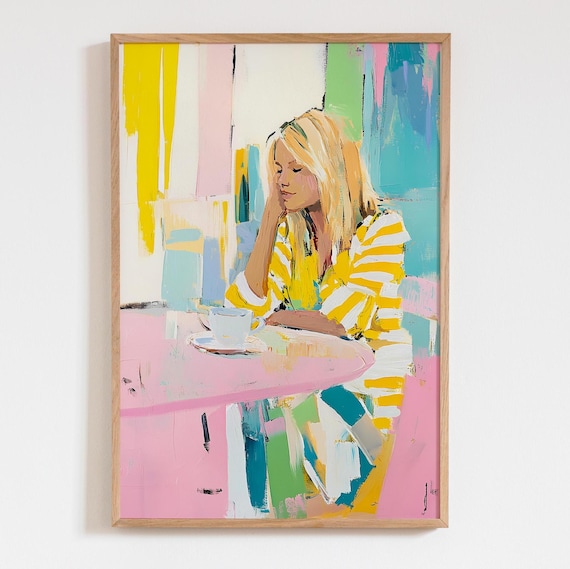 Pastel Colors Abstract Blond Woman In Cafe Art Print Pink Blue Yellow Modern Poster Acrylic Wall Decor
