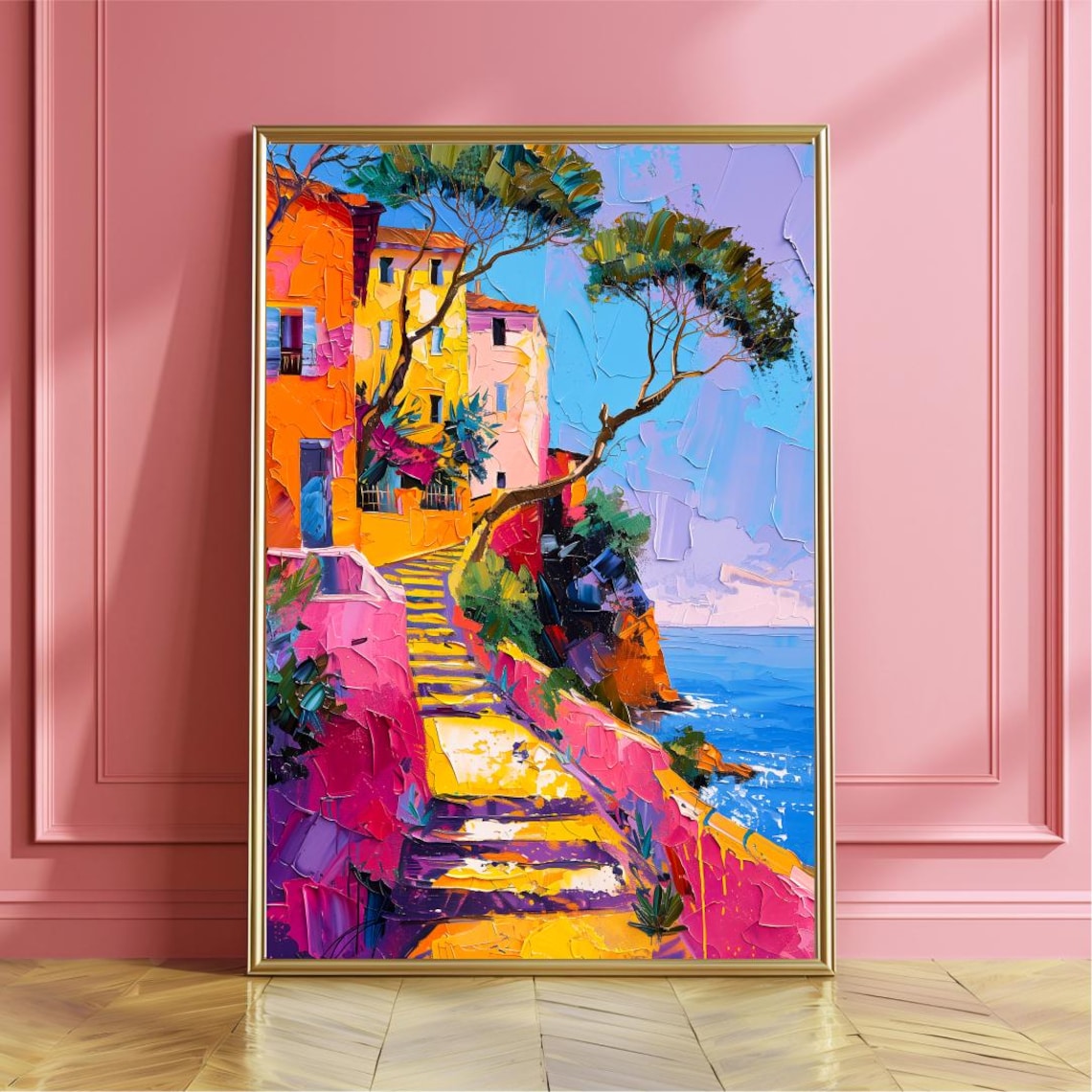 French Riviera Travel Illustration Poster, Maximalist Coast