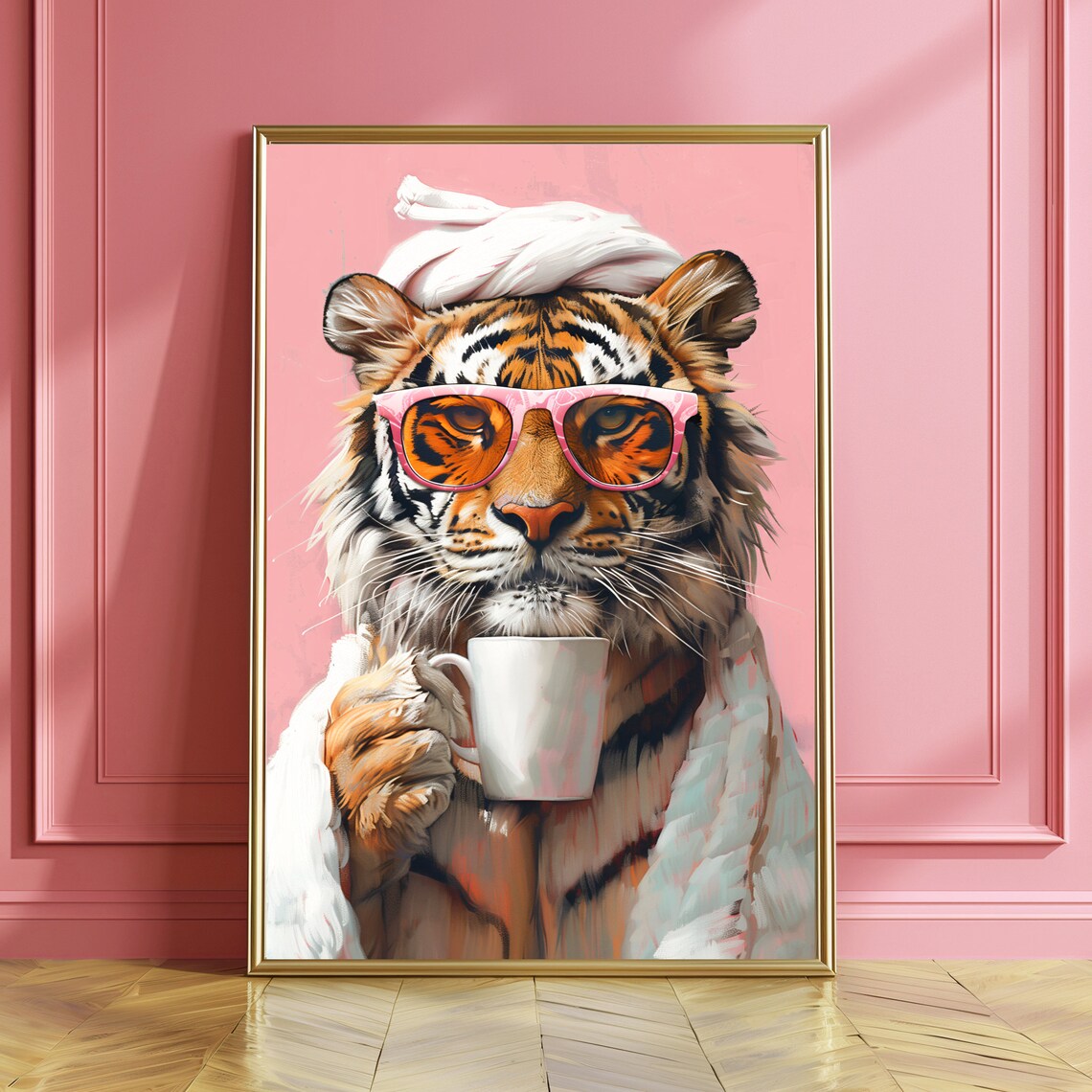 Tiger in Pink Sunglasses and Robe Sipping Morning Coffee Poster