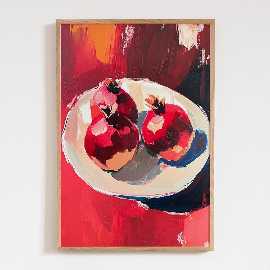 Red Pomegranates on White Plate Vibrant Still Life Art Poster