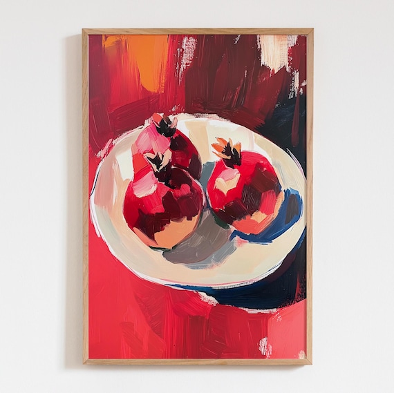 Red Pomegranates on White Plate Vibrant Still Life Art Poster