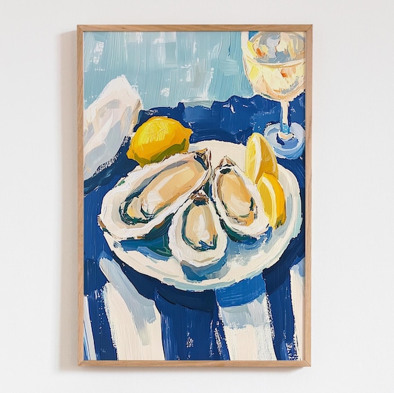 Blue Oysters Plate with Lemon and Wine Acrylic Still Life Poster