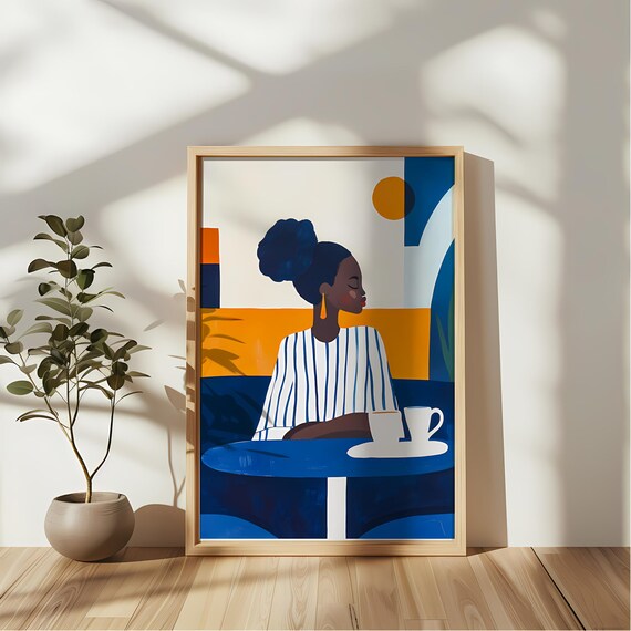 Woman With Coffee Cups At Blue Table Abstract Morning Art Poster