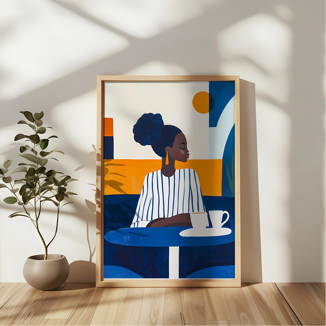 Woman With Coffee Cups At Blue Table Abstract Morning Art Poster