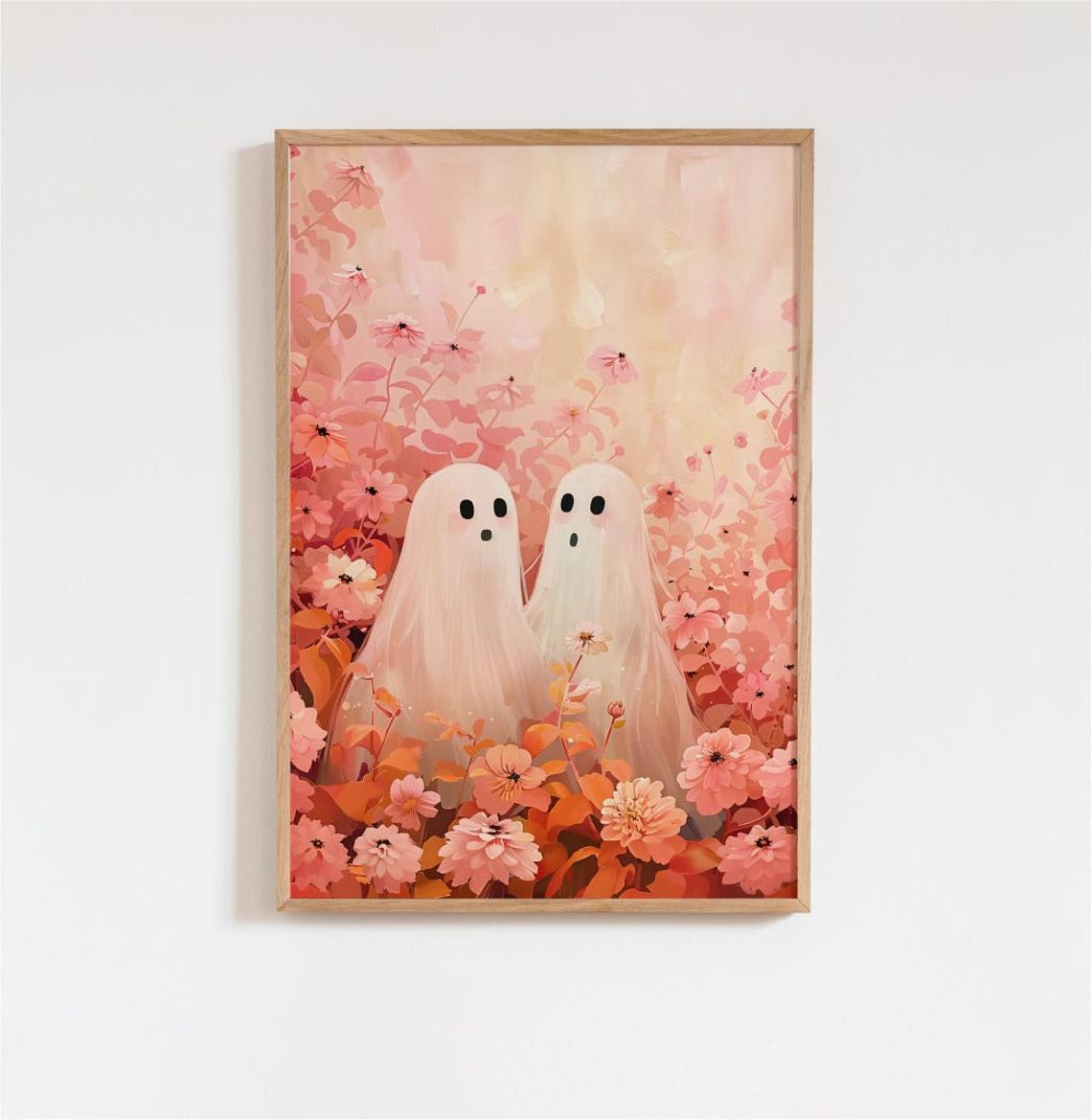Two Cute Ghosts in Pink Wildflowers Whimsical Halloween Art Poster