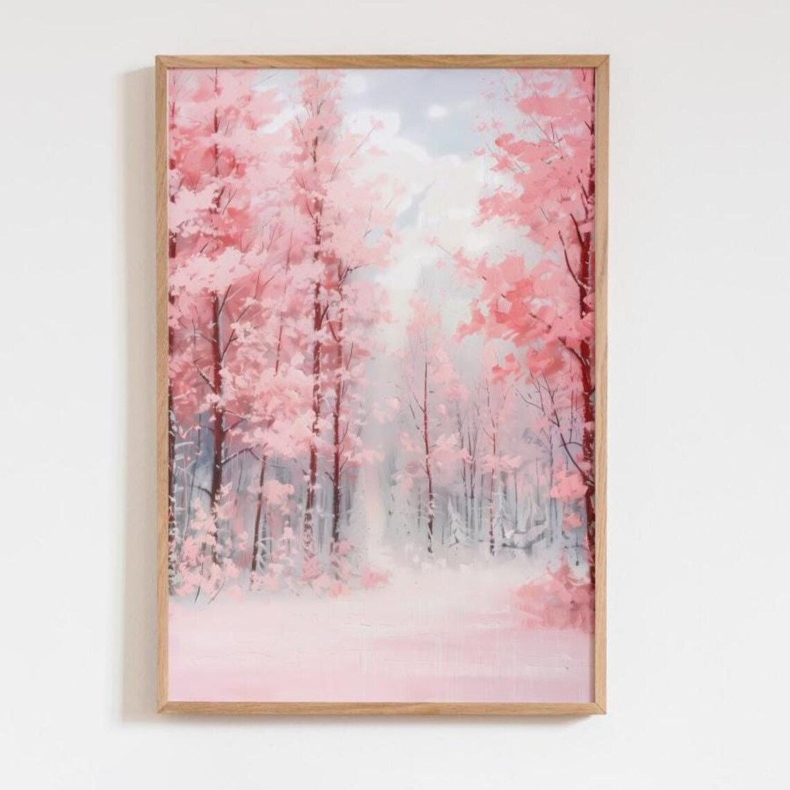 Pink Cherry Blossom Forest Snowy Path Dreamy Watercolor Art Poster
