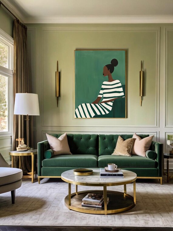 Emerald Green Woman Striped Dress Modern Abstract Portrait Poster