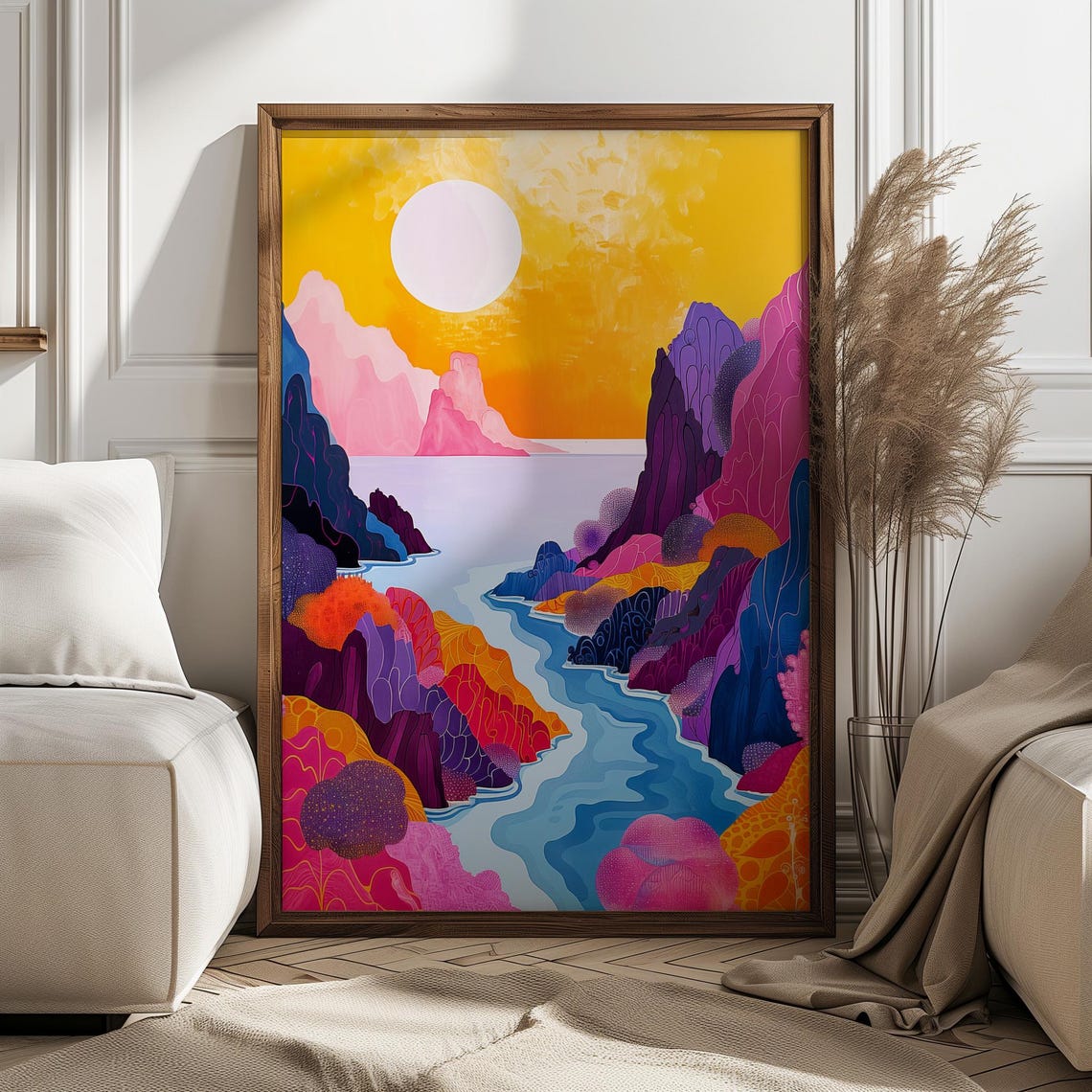Vibrant Abstract River Valley With Sun Colorful Maximalist Poster