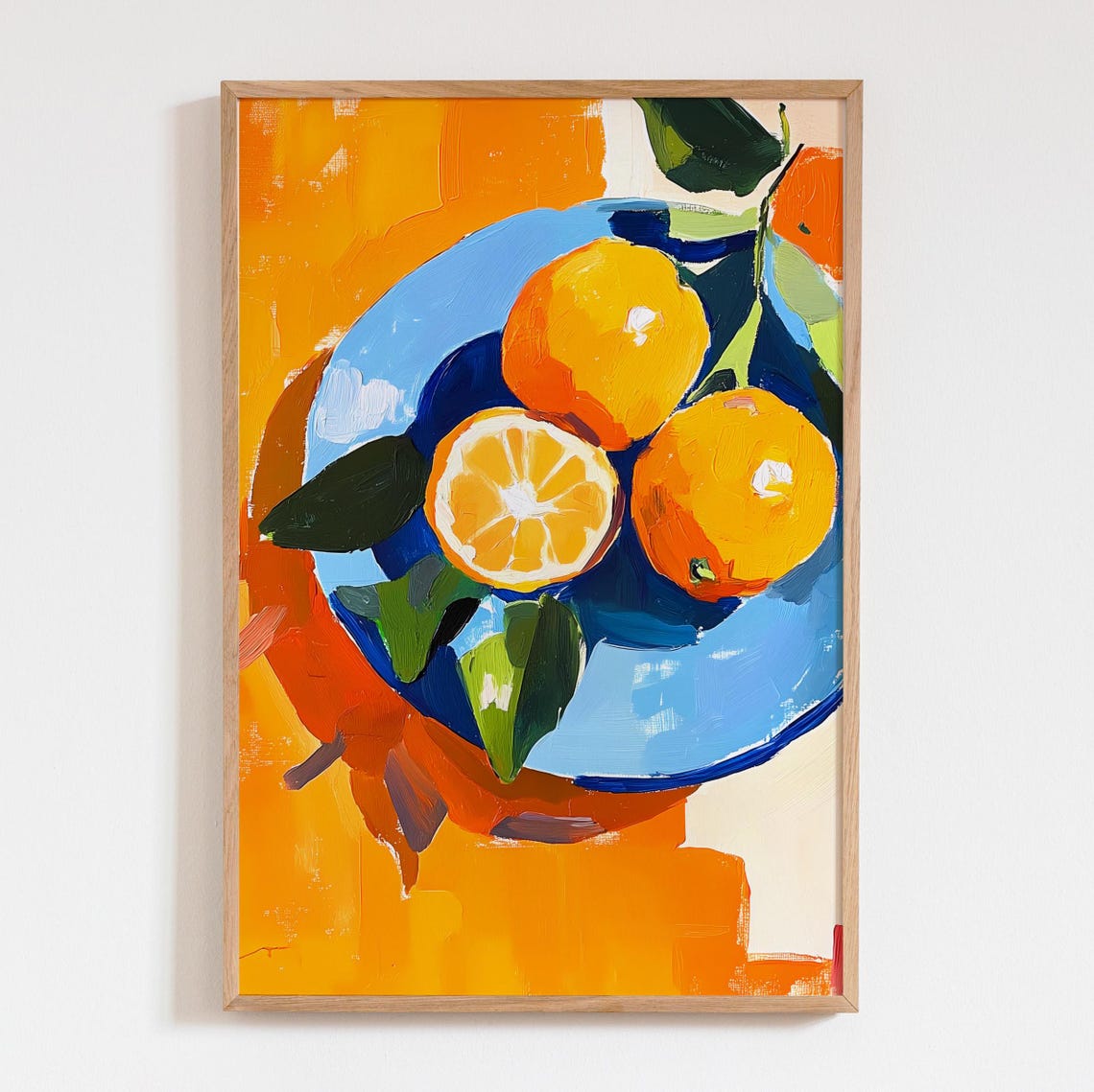 Fresh Oranges Blue Plate Bold Citrus Fruit Still Life Art Poster