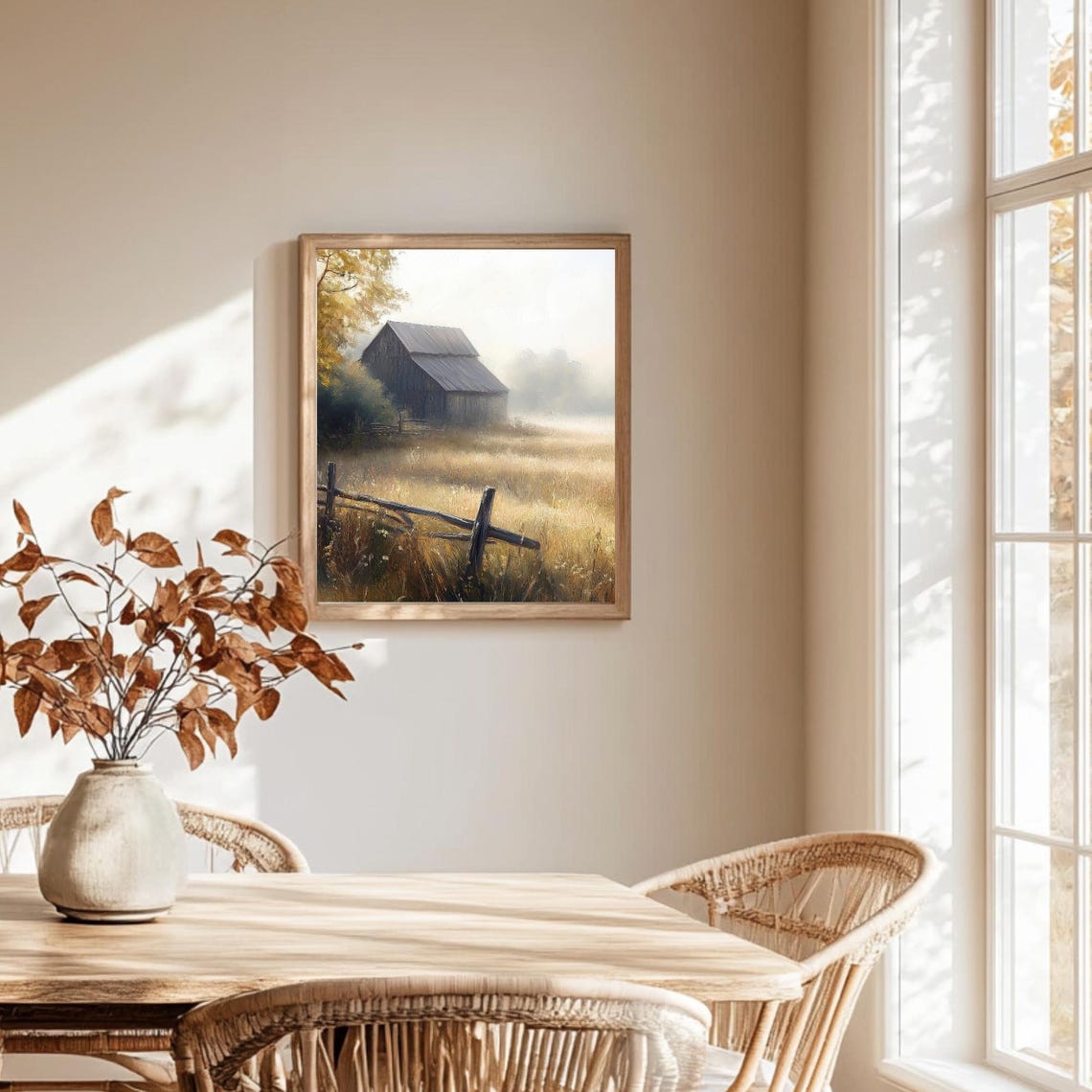 Misty Morning Old Barn Golden Field Rustic Fall Landscape Poster - Image 2