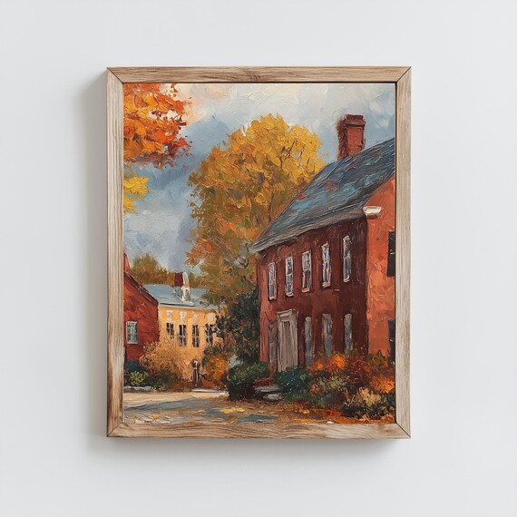 Brick Townhouses Autumn Street Golden Trees Fall Town Painting Poster
