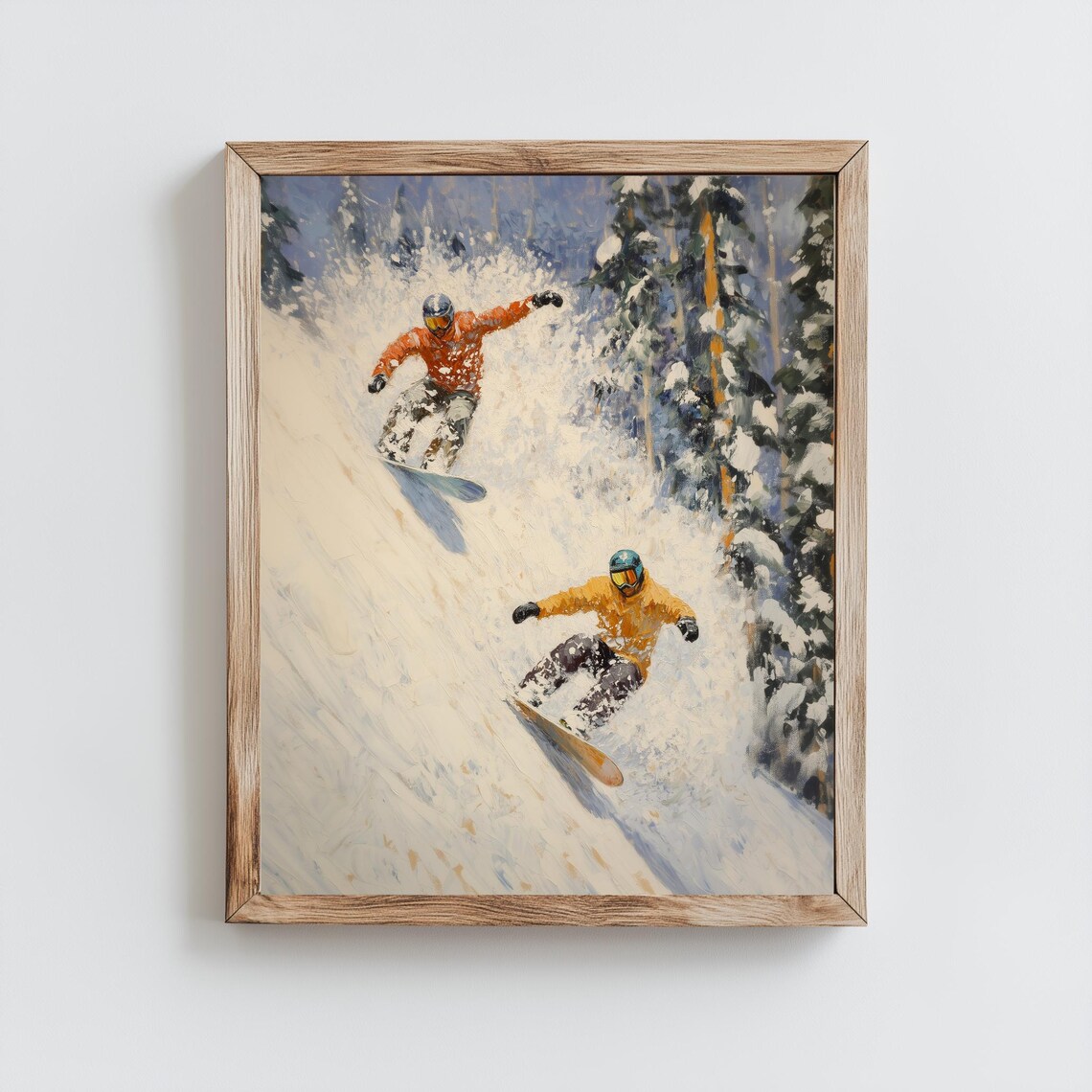 Two Snowboarders Racing Snowy Slope Pines Winter Sports Painting Poster - Image 2