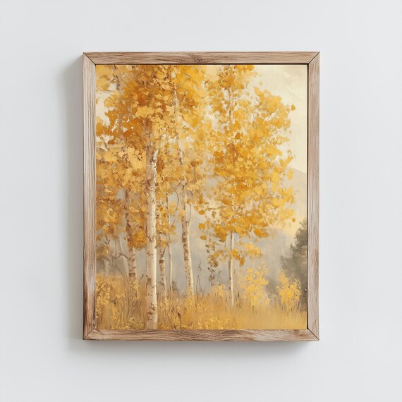 Golden Birch Grove Autumn Foliage Impressionist Style Landscape Poster