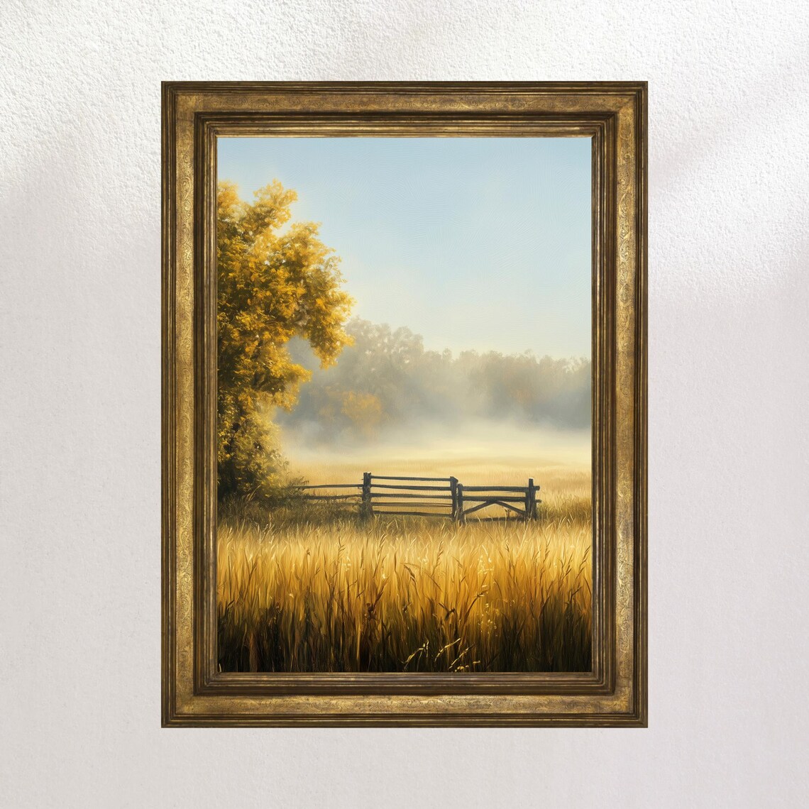 Golden Wheat Field Wooden Gate Misty Morning Vintage Landscape Poster
