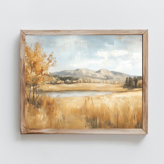 Golden Autumn Field River Mountains Fall Landscape Oil Painting Poster