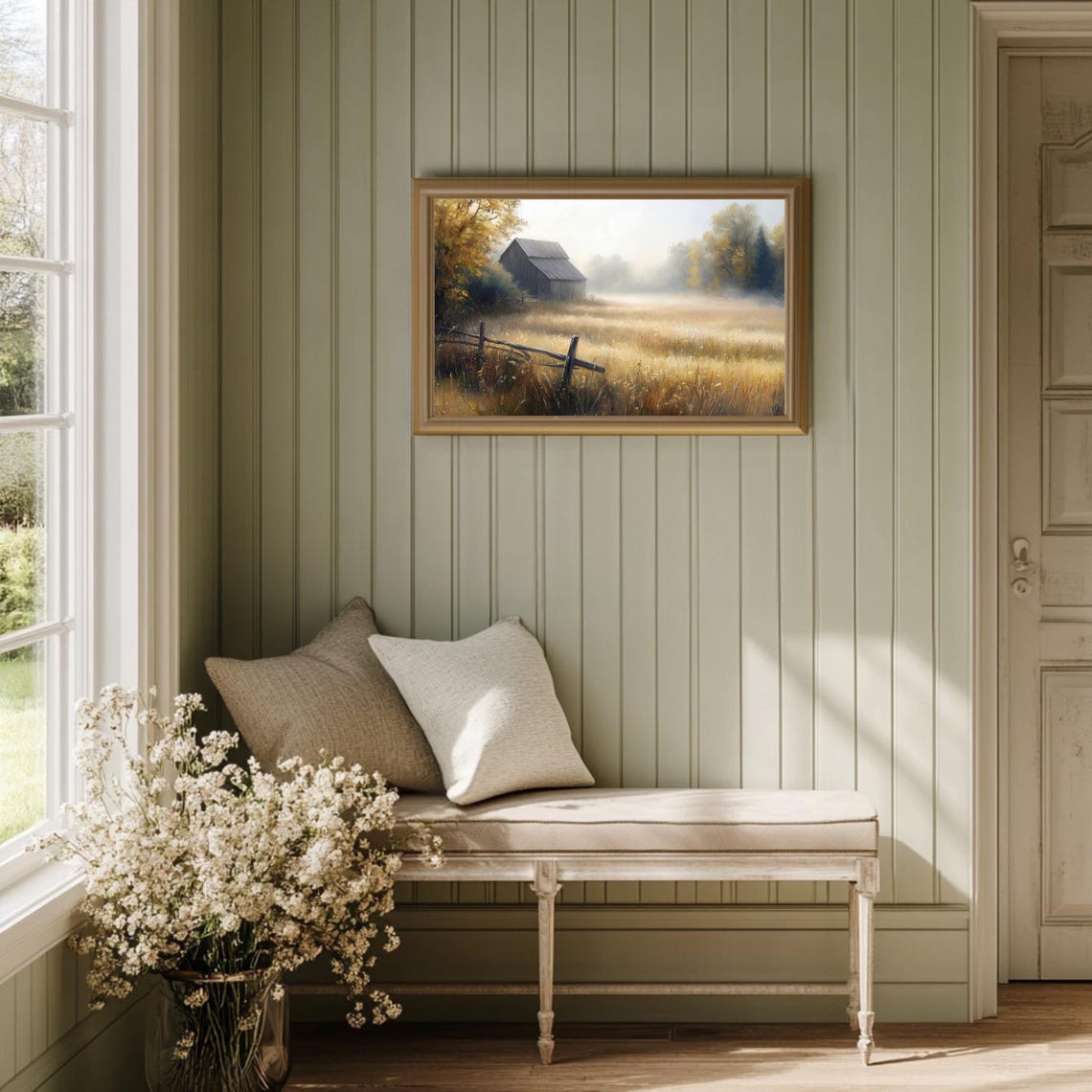 Foggy Autumn Field Weathered Barn Split Rail Fence Vintage Poster - Image 3