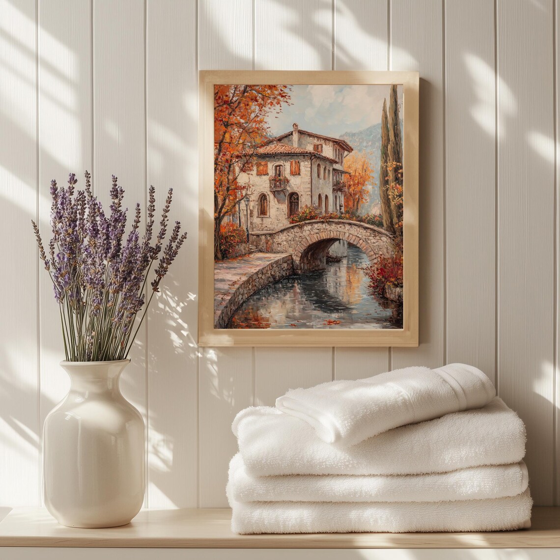 Italian Villa Stone Bridge Canal Autumn Foliage Vintage Travel Poster - Image 2