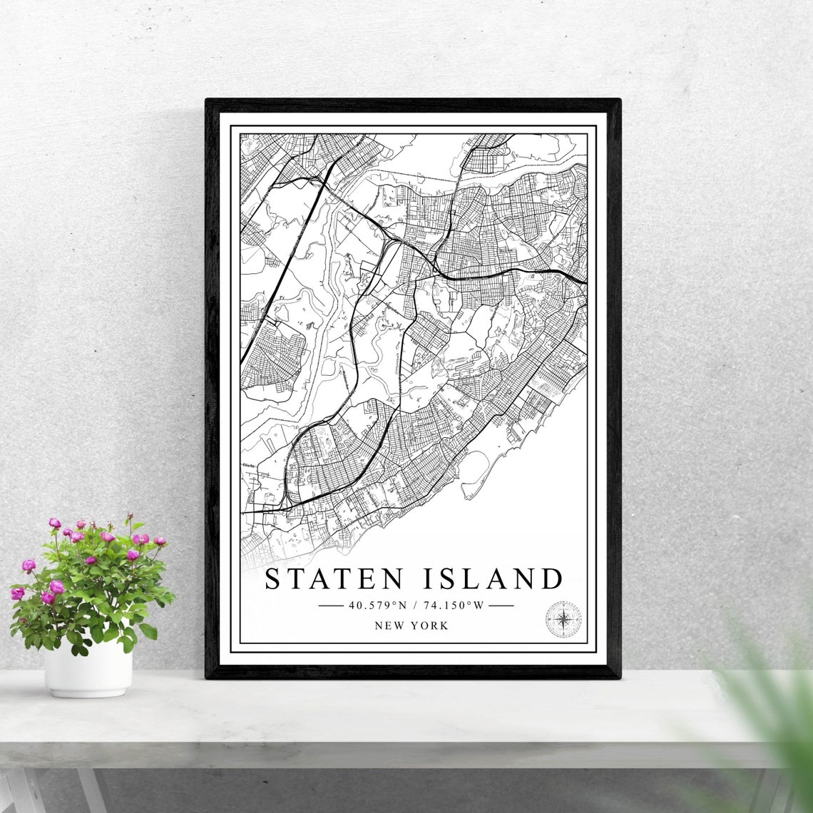 Staten Island New York City Minimalist Borough Street Map Wall Art