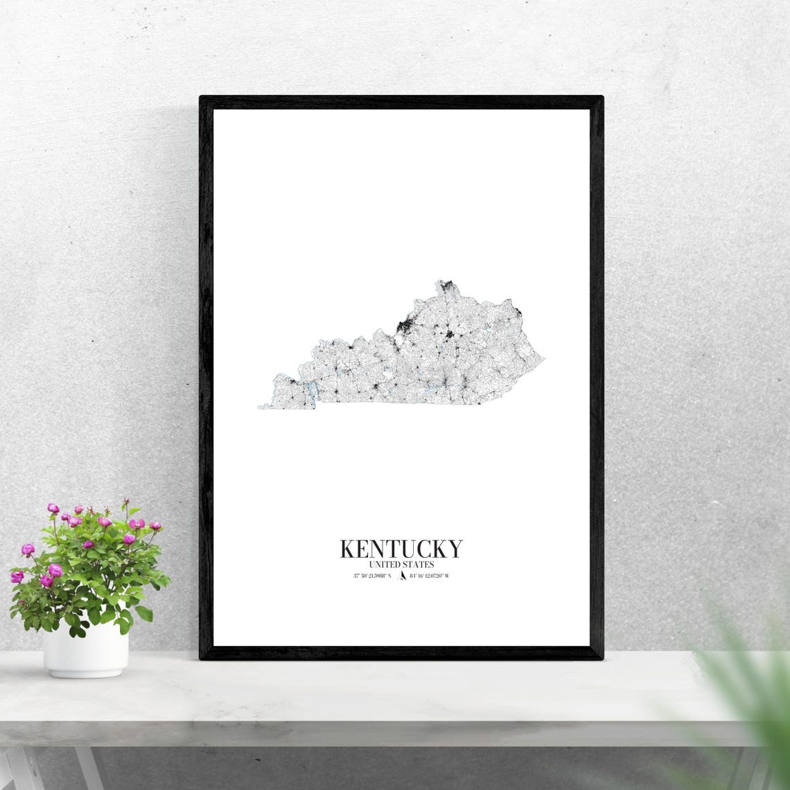 Kentucky United States Black and White State Road Map Poster