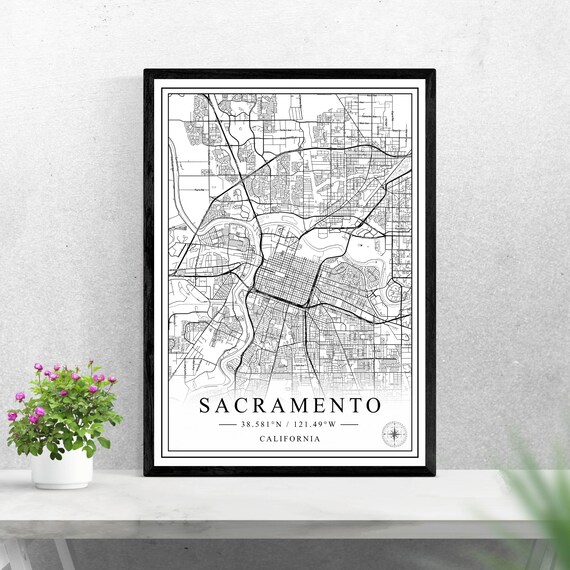 Sacramento California Minimalist Black and White City Map Wall Art